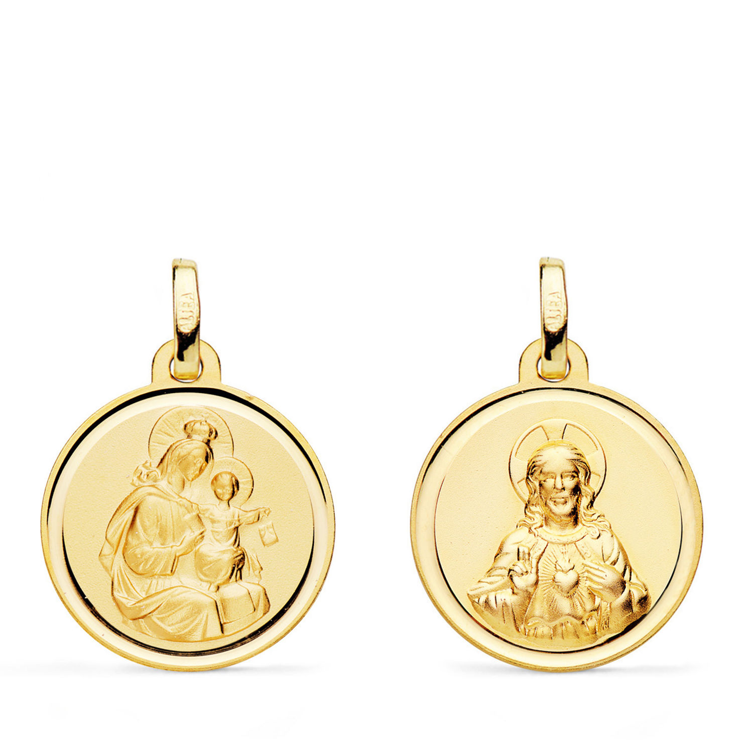 Escapulario de oro amarillo 18K Virgen del Carmen corazón Jesús bisel
