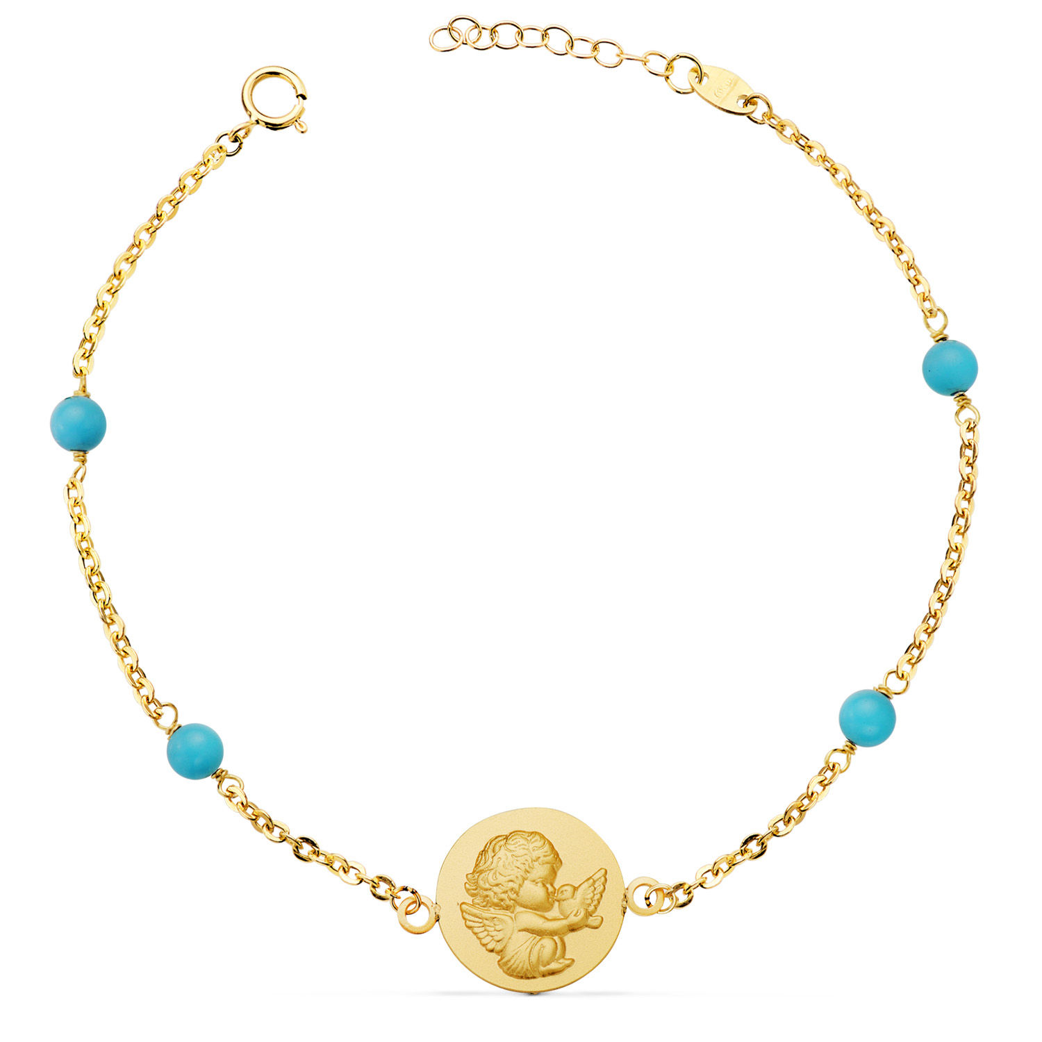 Pulsera de oro amarillo 18K medalla angelito bolas con turquesa