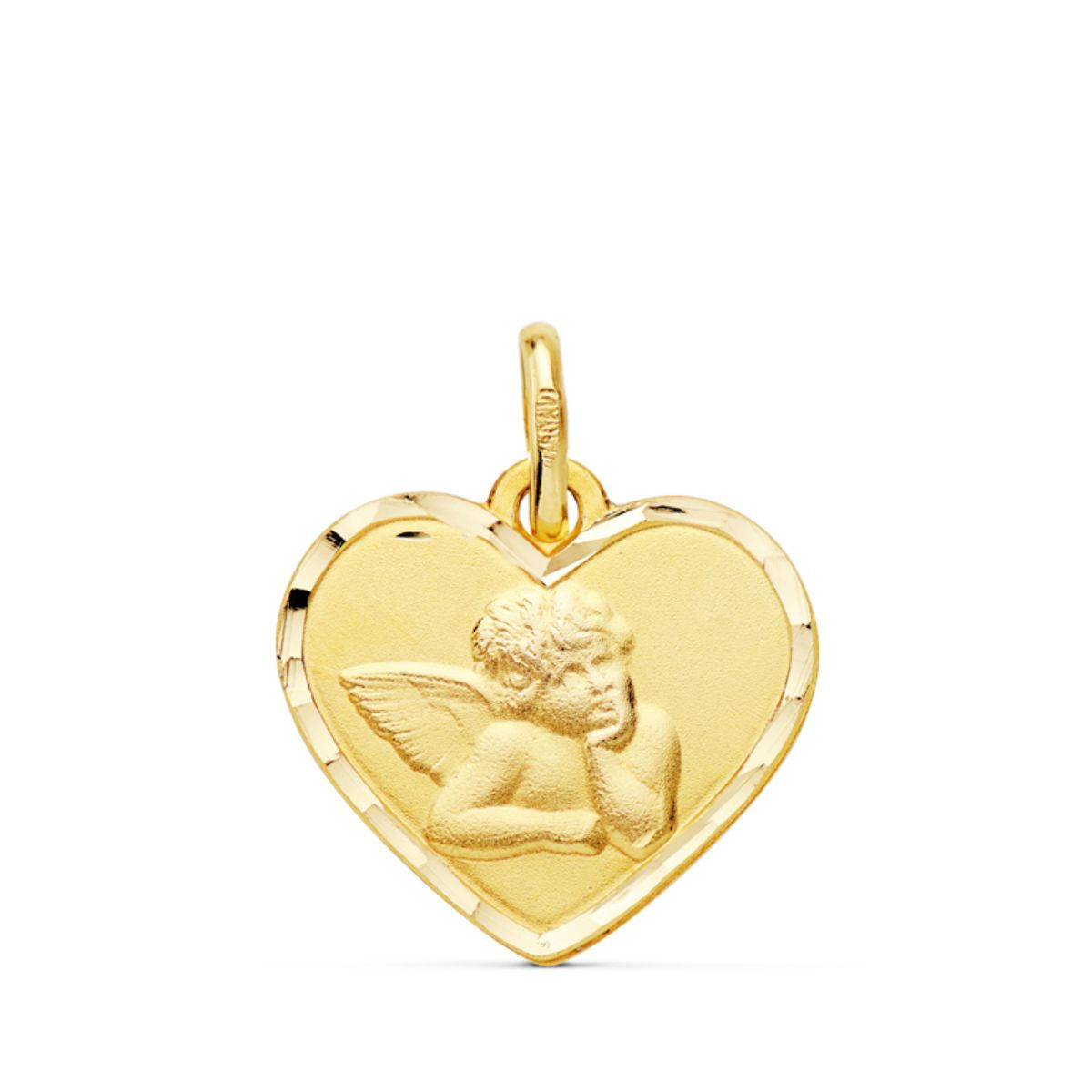 Medalla de oro amarillo 18K corazón angelito burlón bordes amor