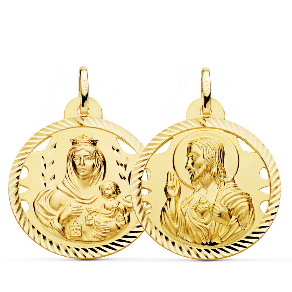 Escapulario de oro amarillo 18K Virgen Carmen helice corazón Jesús, 26 mm