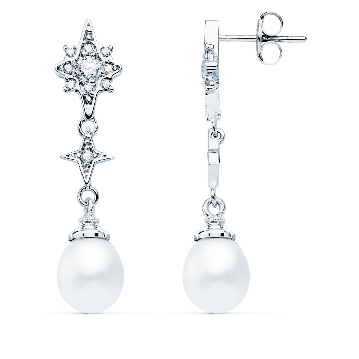 Pendientes largos de oro blanco 18K con diseño de estrellas decoradas con circonitas y perlas colgantes, cierre a presión, fo