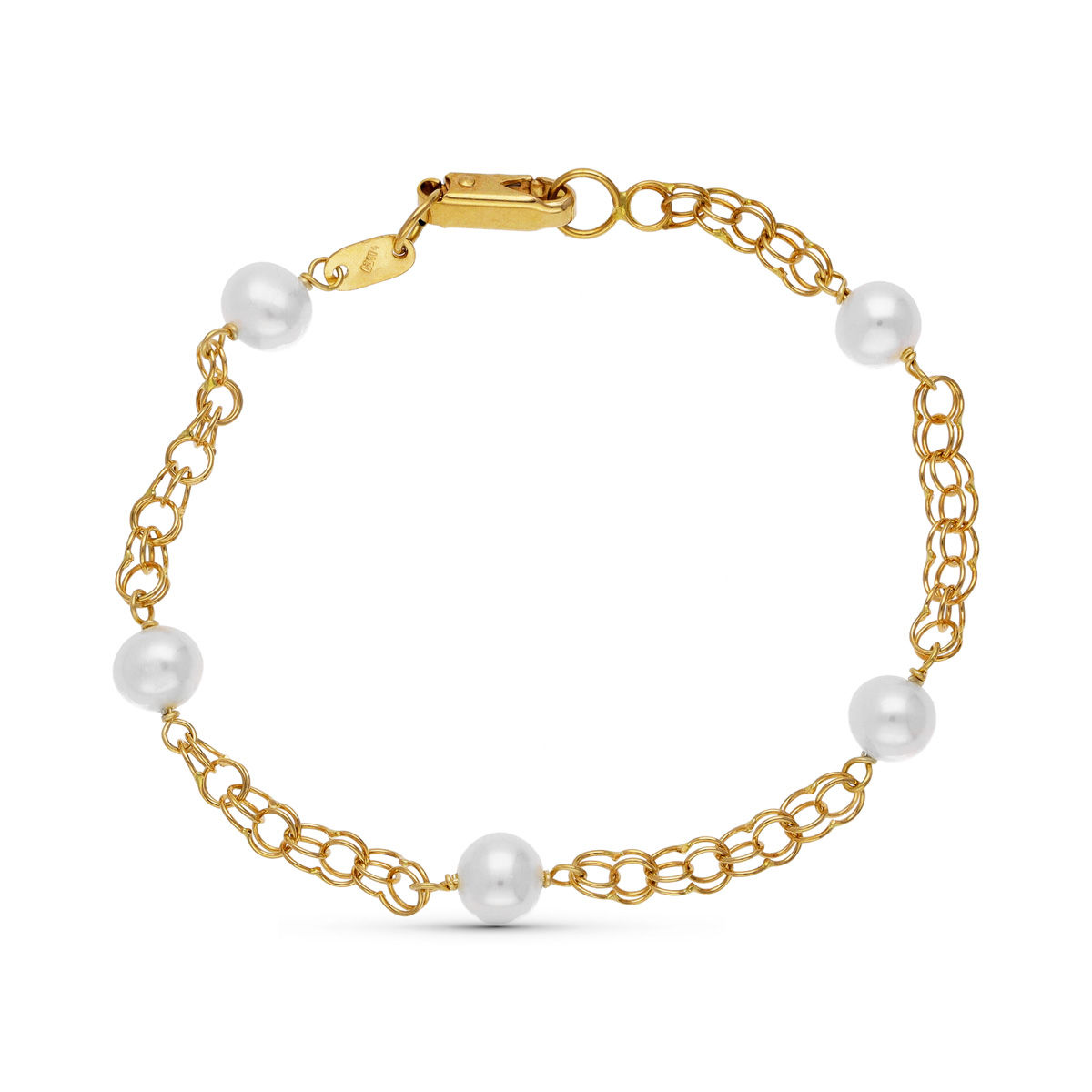 Pulsera de oro amarillo 18K con perla, 16,5 cm