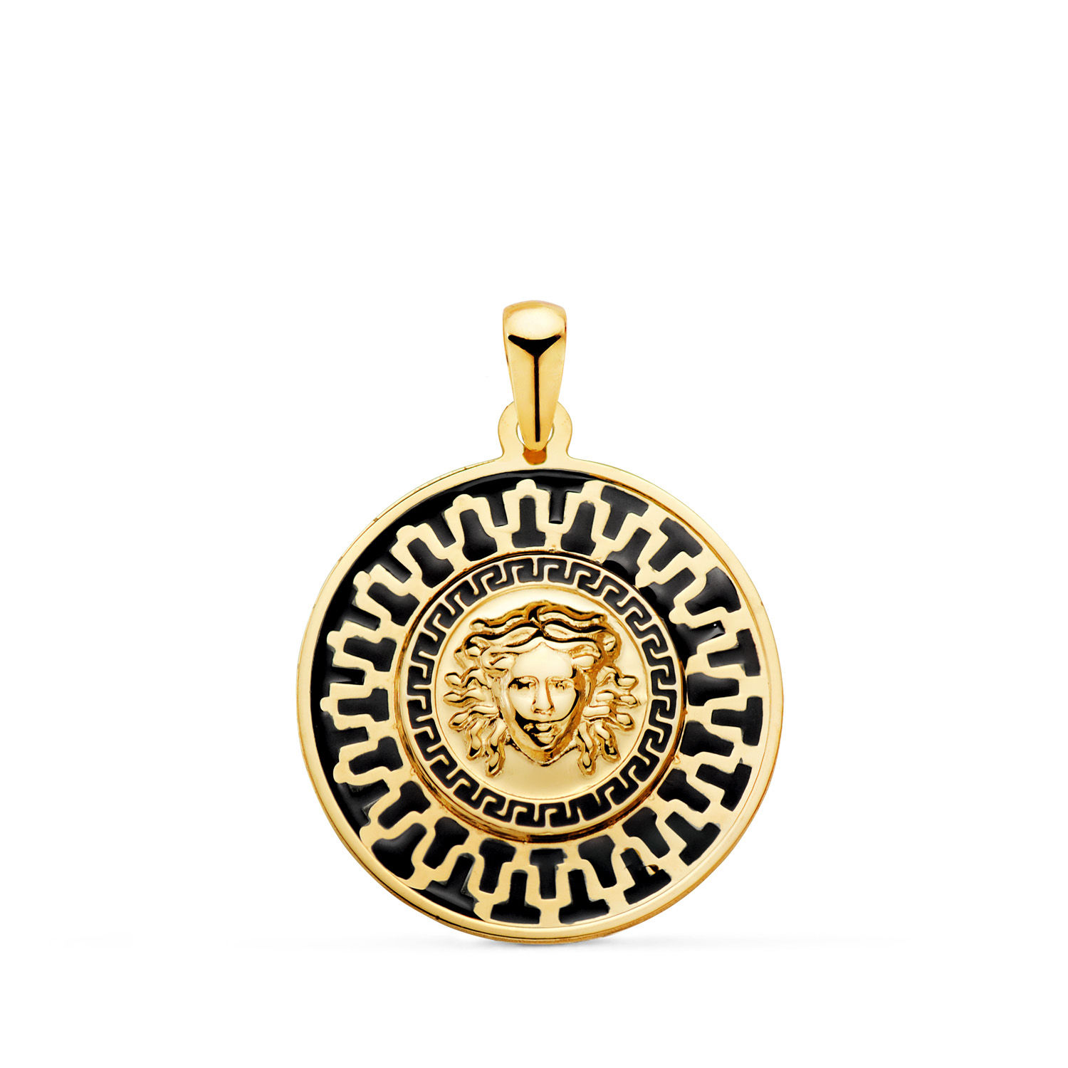 18k Medalla Oro Amarillo Medusa Greca Y Motivo Con Esmalte Negro. 20 Mm