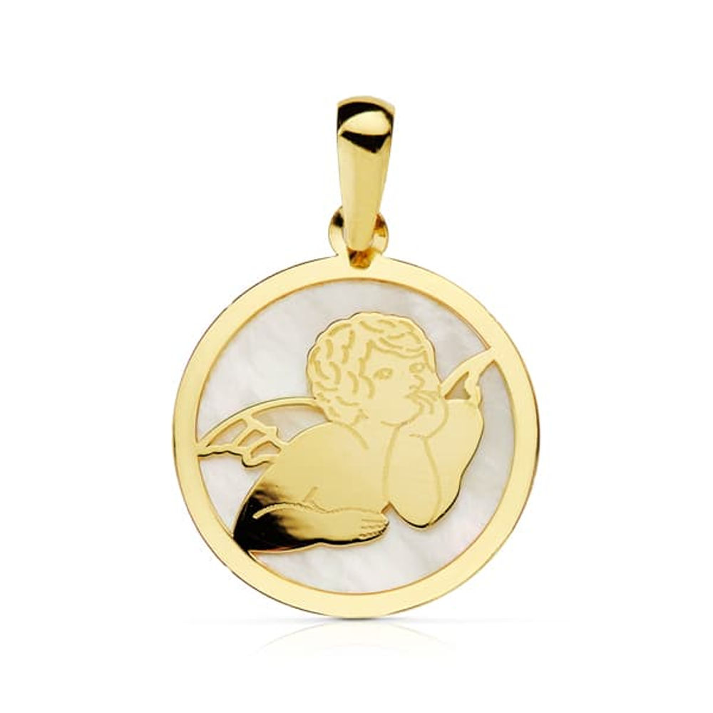 Colgante de oro amarillo 18K redondo ángel con nácar, 17 mm