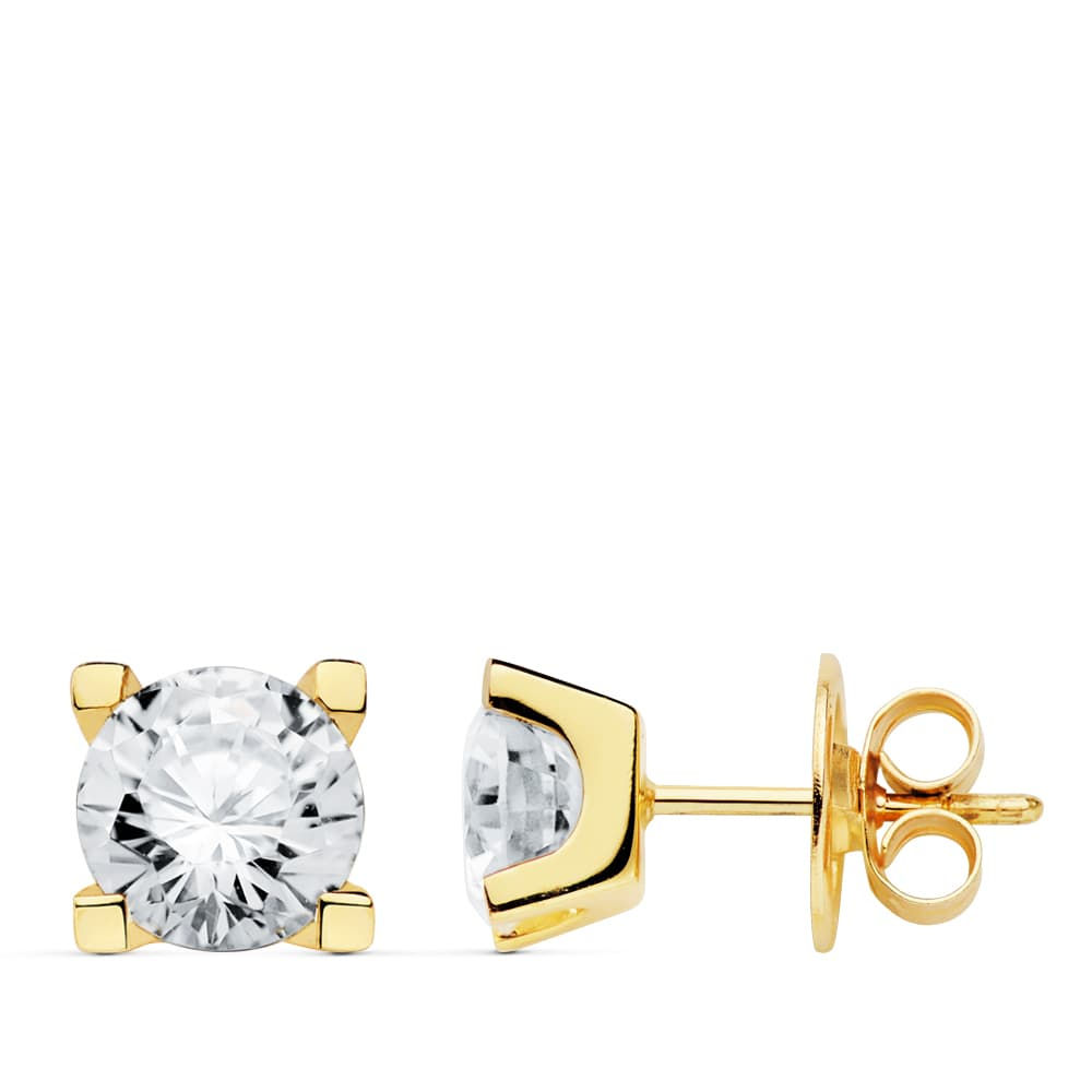 18k Pendientes Oro Amarillo 4 Garras Circonita 7x7 Mm Cierre Presion