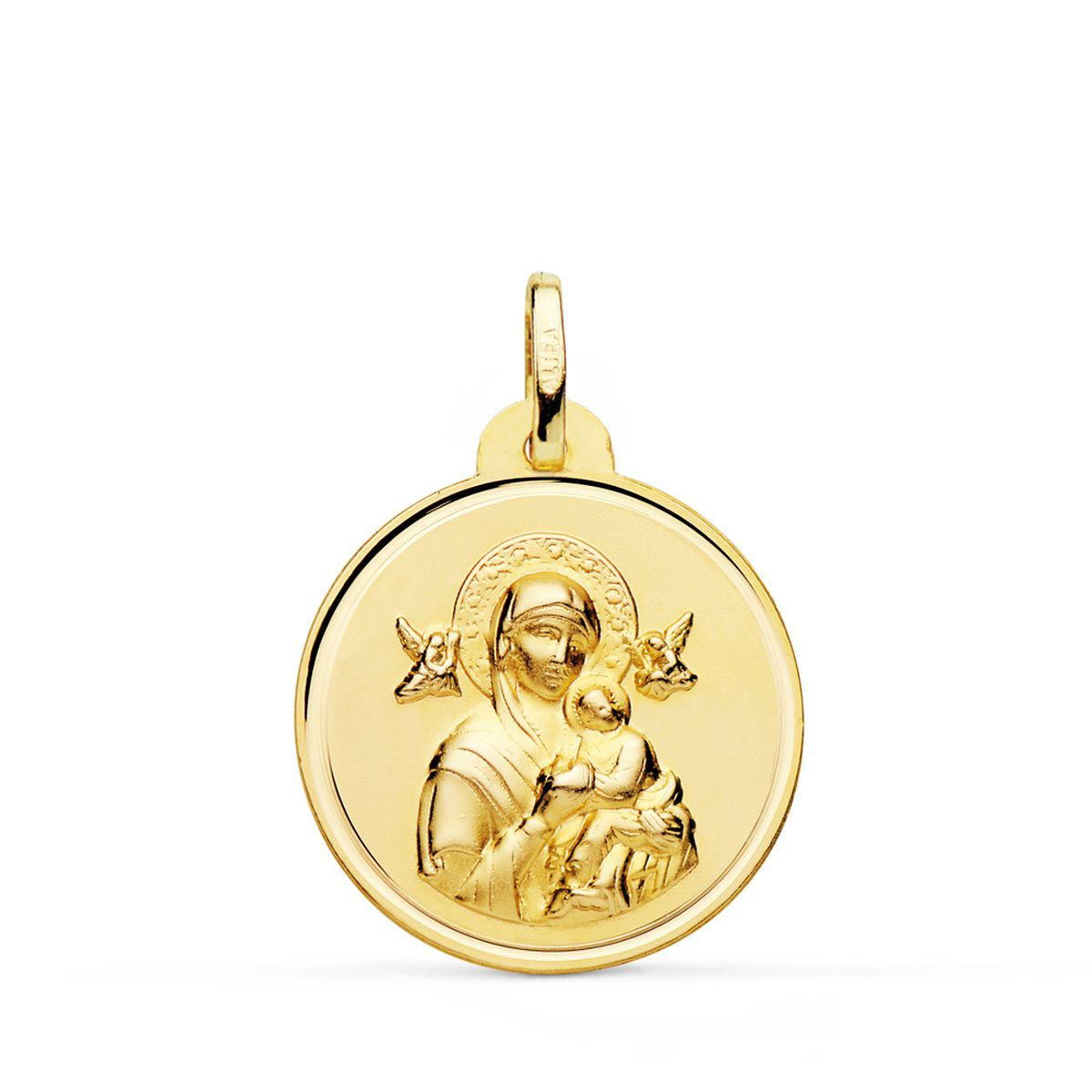 Medalla de oro amarillo 18K Virgen del Perpetuo Socorro bisel, 22 mm