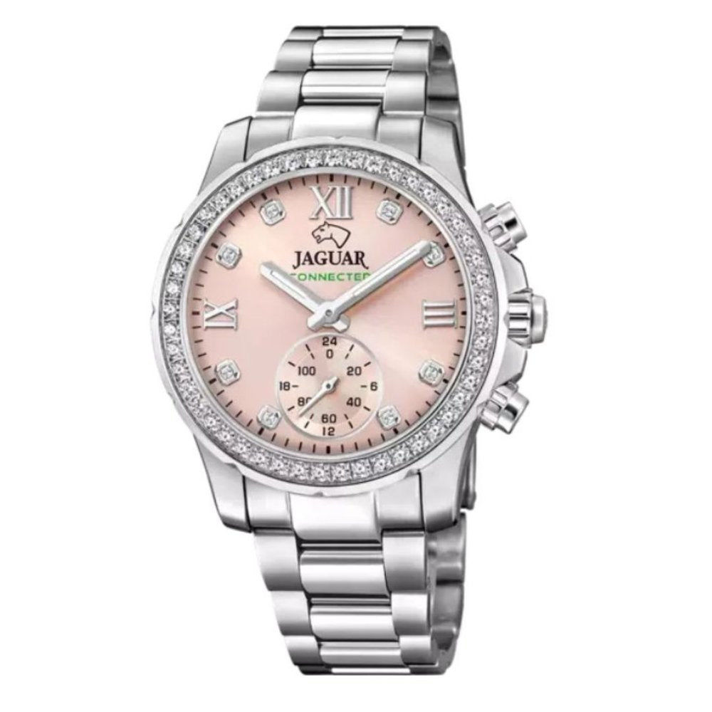 Reloj Jaguar Connected para mujer en acero inoxidable, con esfera nacarada en tono rosado, detalles en diamantes y diseño sof