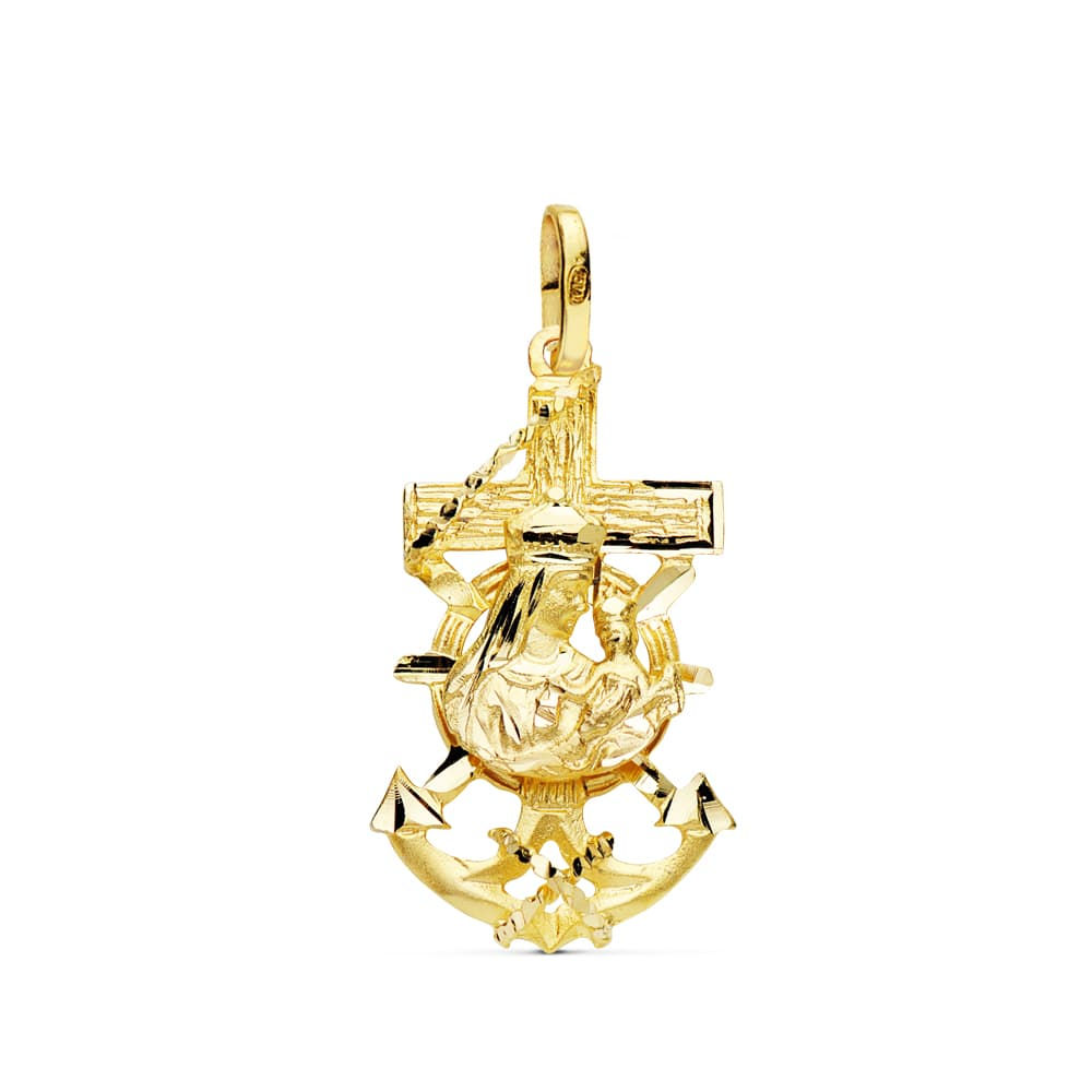 Cruz de oro amarillo 18K Virgen del Carmen marinera, 27x15 mm