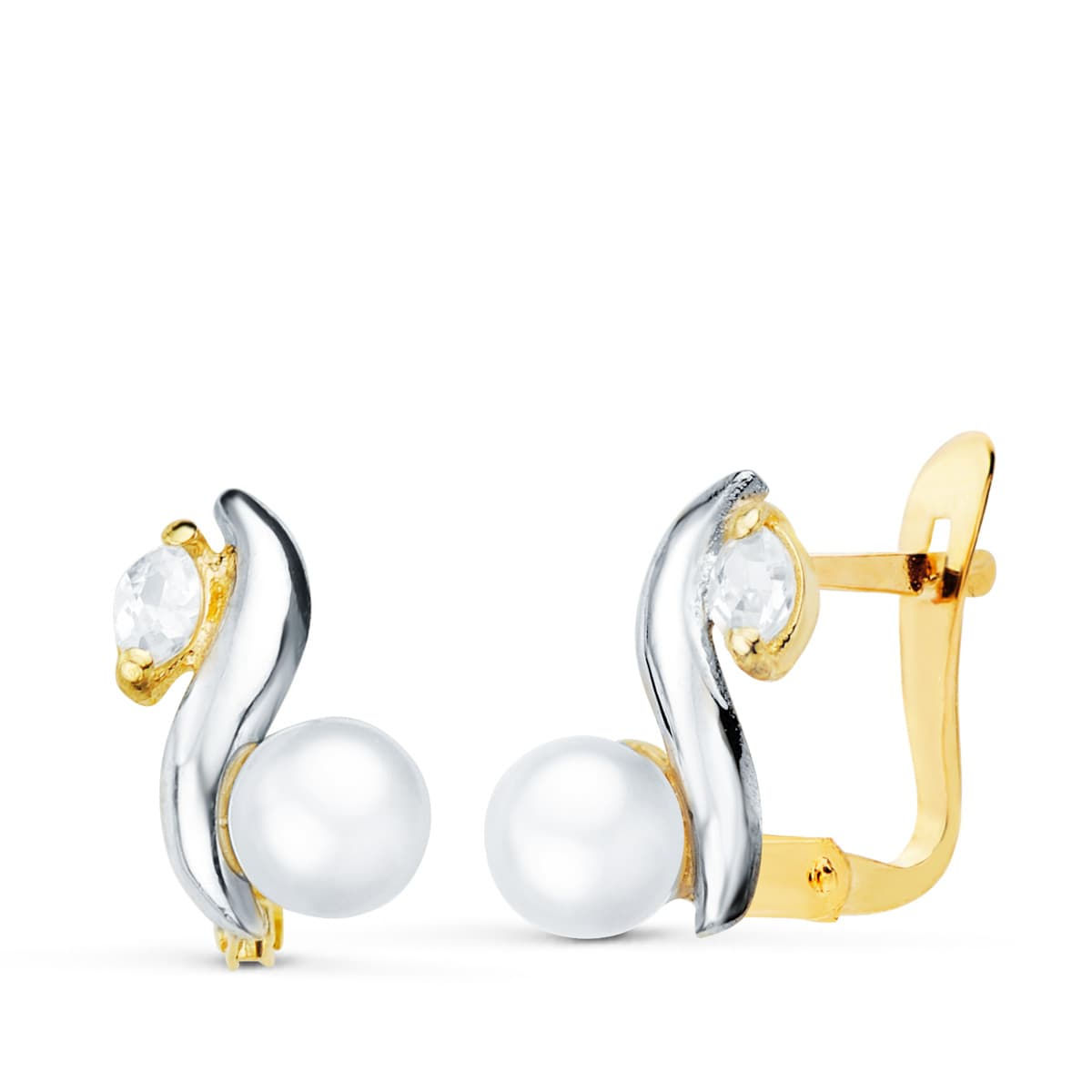 Pendientes de oro bicolor 18K con diseño de bandas curvas, perla blanca de 4.5 mm, detalle de circonita y cierre catalán, fon