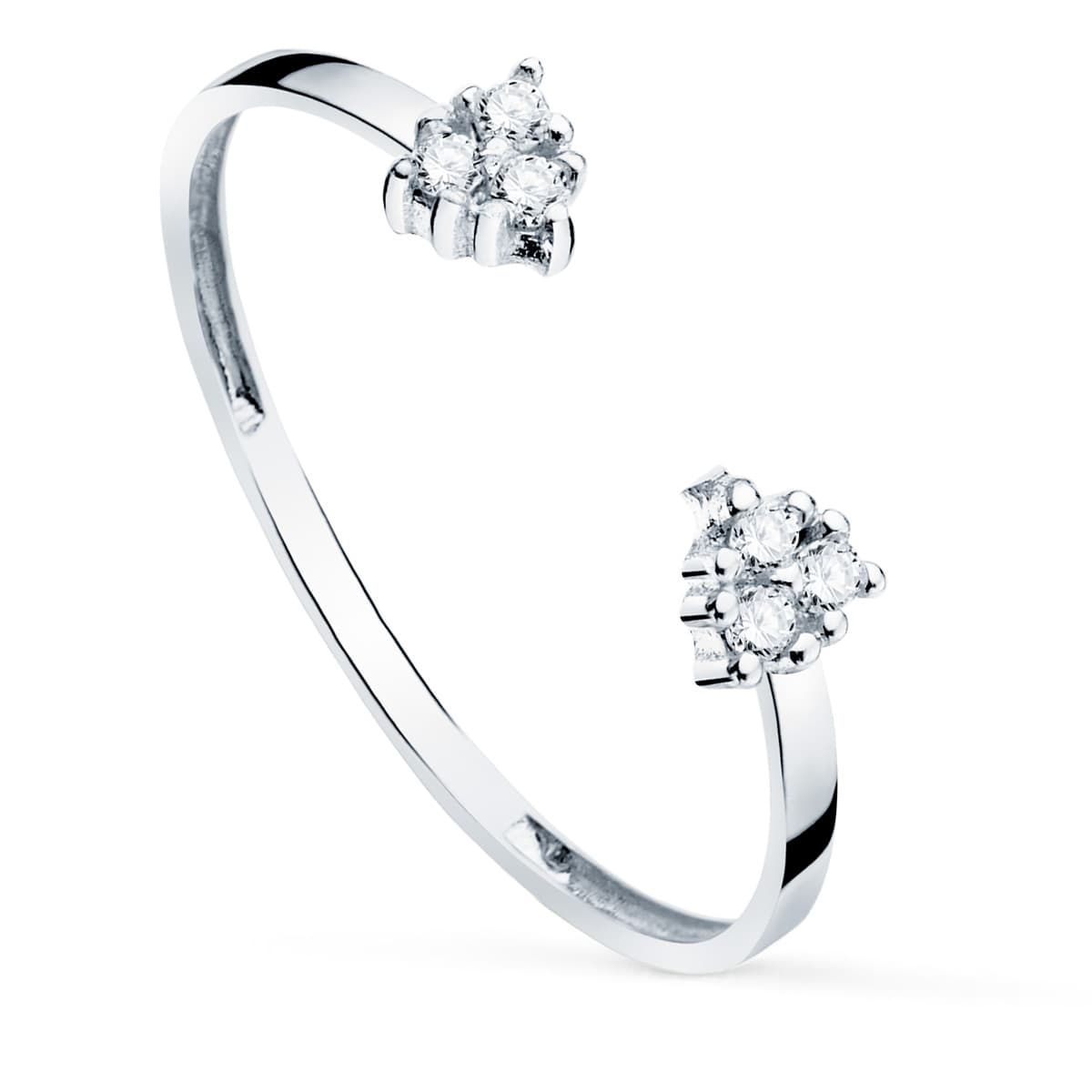 Sortija de oro blanco de 18k con diseño abierto y extremos adornados con diamantes de 0.0480 quilates.