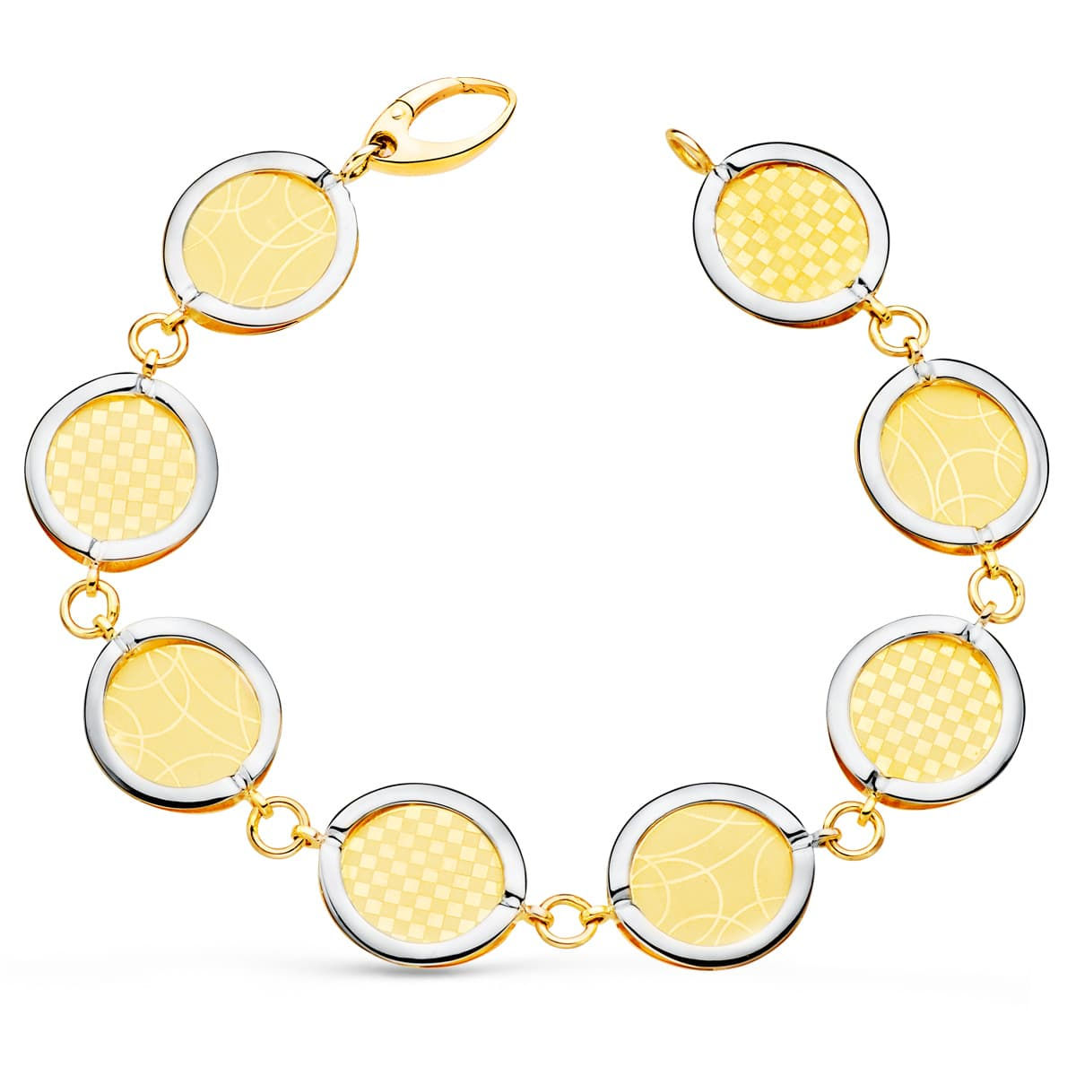 18k Pulsera Oro Bicolor Eslabones Redondos Disenos Matizados. 20.5 Cm
