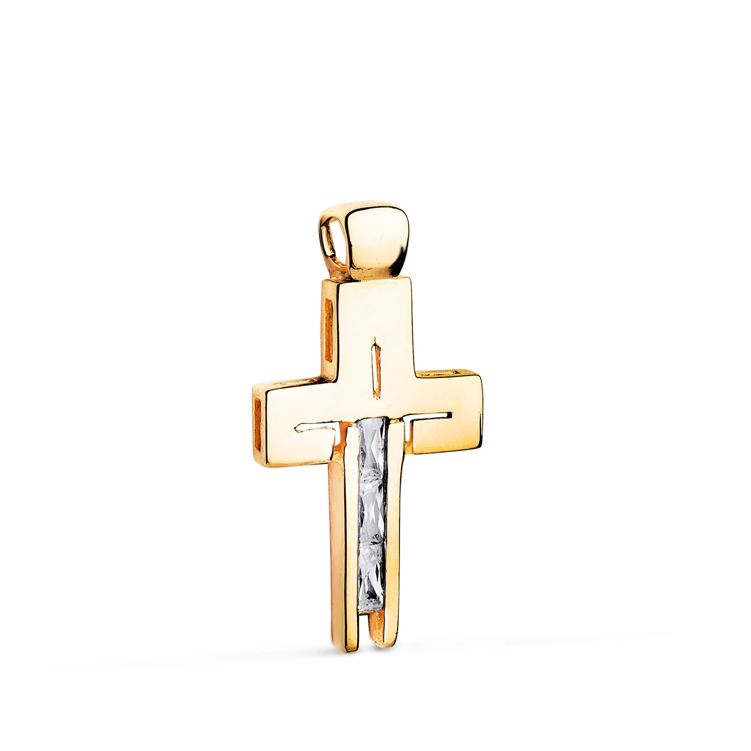 Cruz de oro amarillo 18K baguette blancas con circonita, 27x14 mm