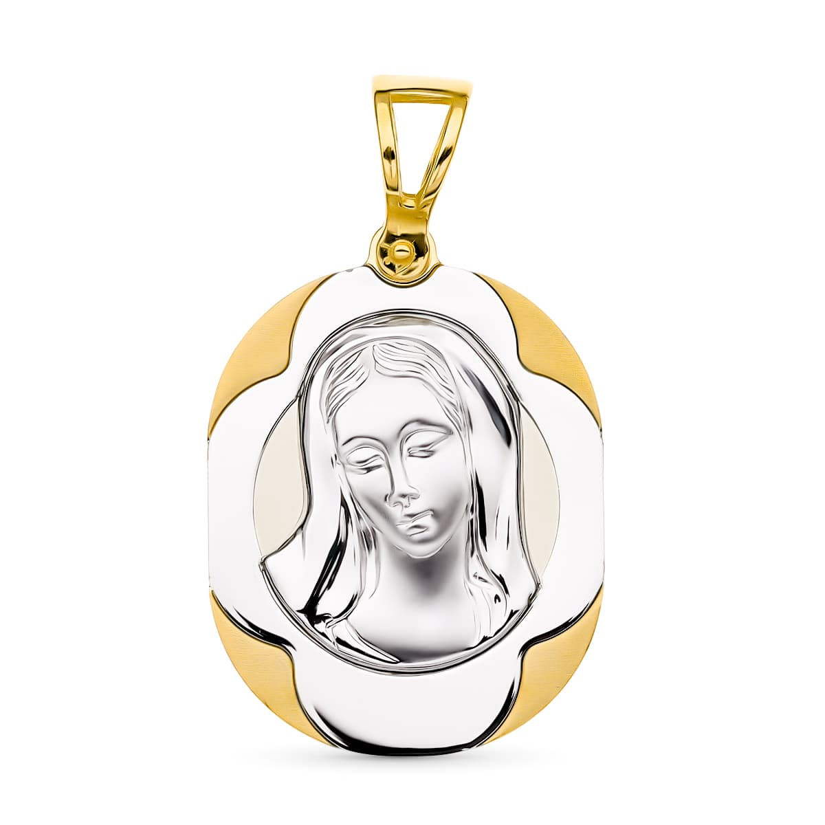 18k Medalla Oro Amarillo Oro Bicolor Virgen Nina 24x17 Mm