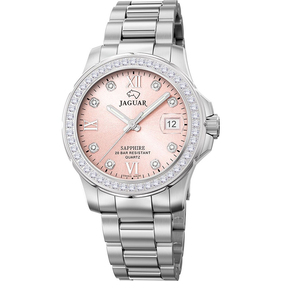 Elegante reloj con esfera de nácar rosa, bisel con circonitas y resistencia al agua hasta 20 ATM, diseñado en acero inoxidabl