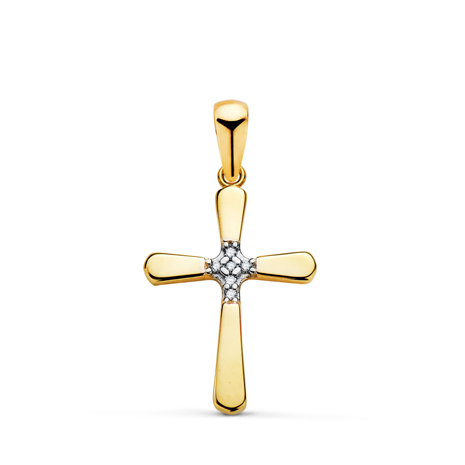 Cruz de oro bicolor 18K parte central con circonita, 18,5x12 mm