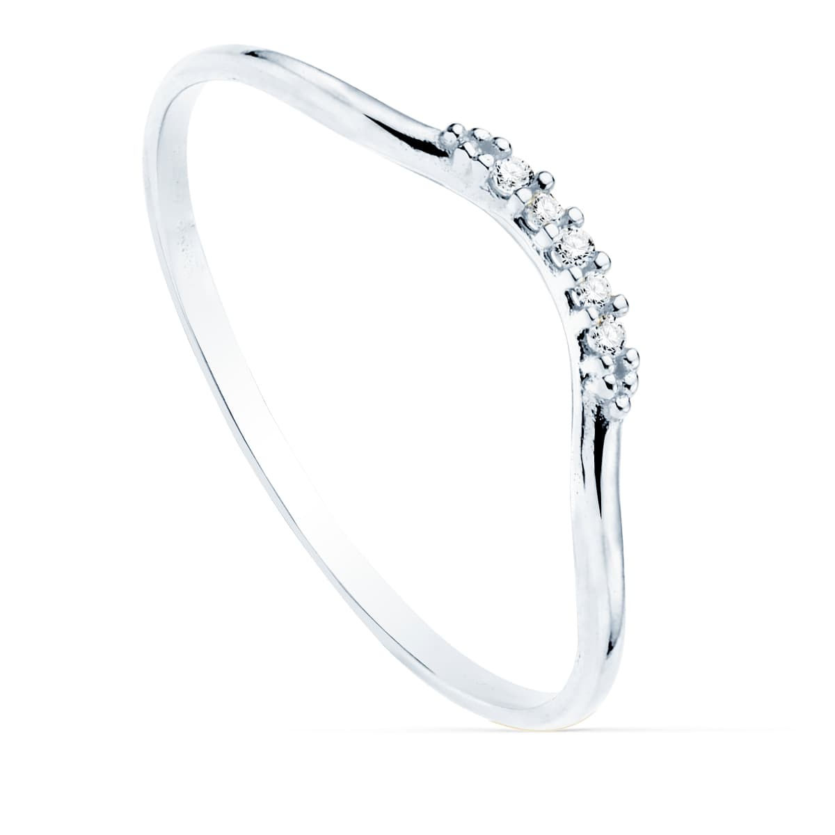 Sortija de oro blanco 18k con diseño de cuerpo redondo de 1 mm y 5 diamantes brillantes de 0.025 qts sobre fondo blanco.