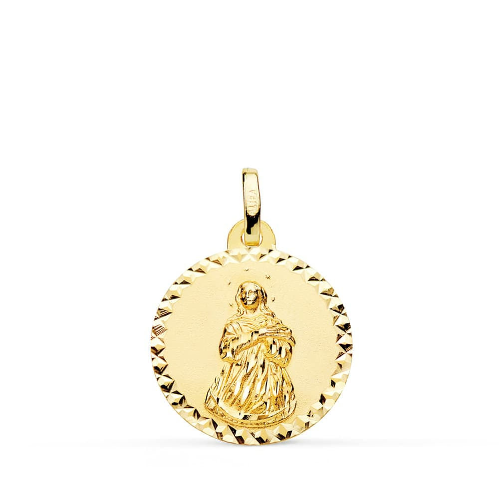 18k Medalla Oro Amarillo Virgen Inmaculada Talla Cruzada 18 Mm