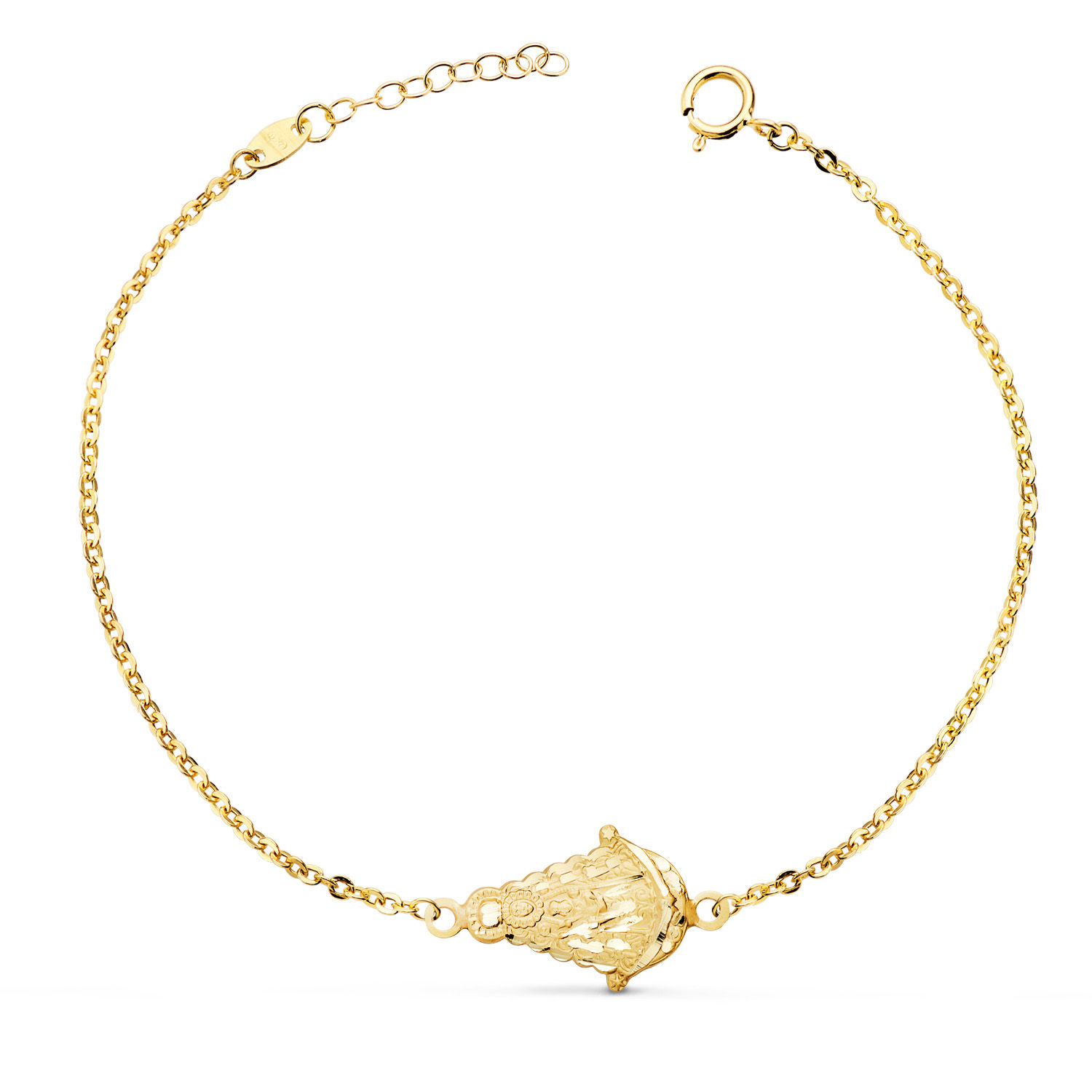 Pulsera de oro amarillo 18K Virgen del Rocío, 17x12 mm / 3 cm