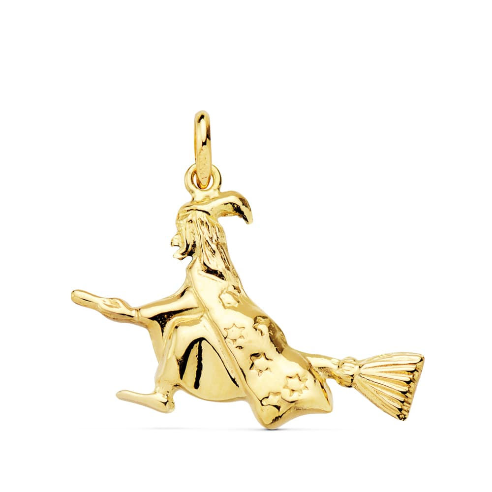 Colgante de oro amarillo 18K amuleto bruja, 22x16 mm