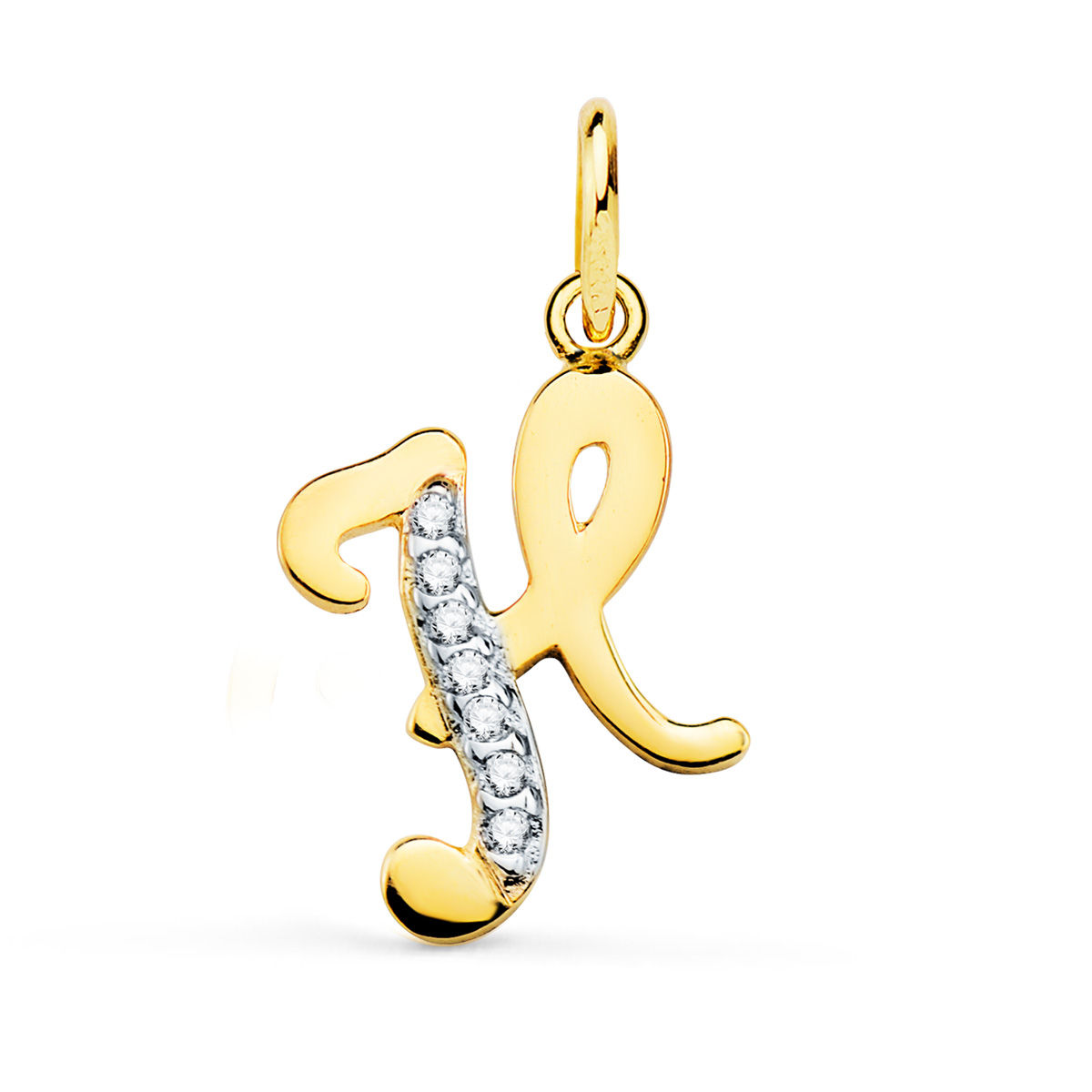 Colgante de oro bicolor 18K letra h con circonita, 15x10 mm