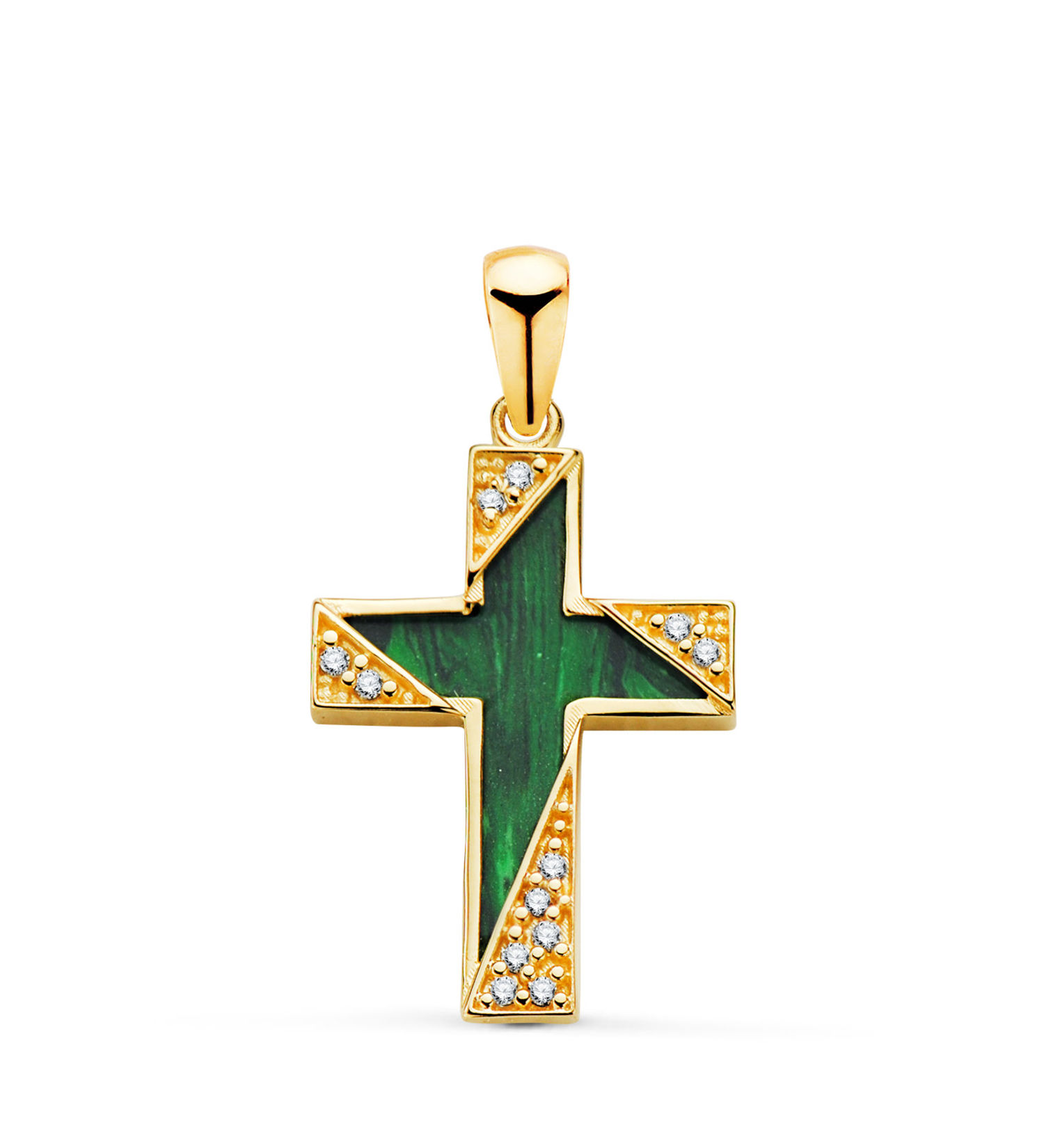 Cruz de oro amarillo 18K malaquita detalles con circonita