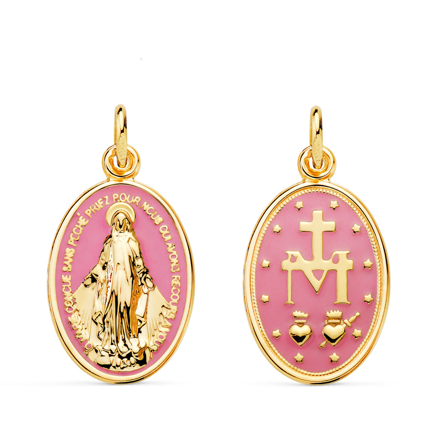 18k Medalla Oro Amarillo Virgen Milagrosa Oval Esmalte Rosa. Medida: 20 X 14 Mm