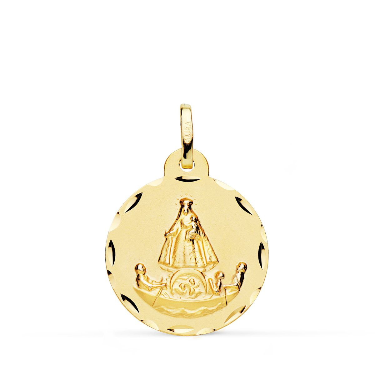 18k Medalla Oro Amarillo Virgen Caridad Del Cobre Balsa Tallada 20 Mm