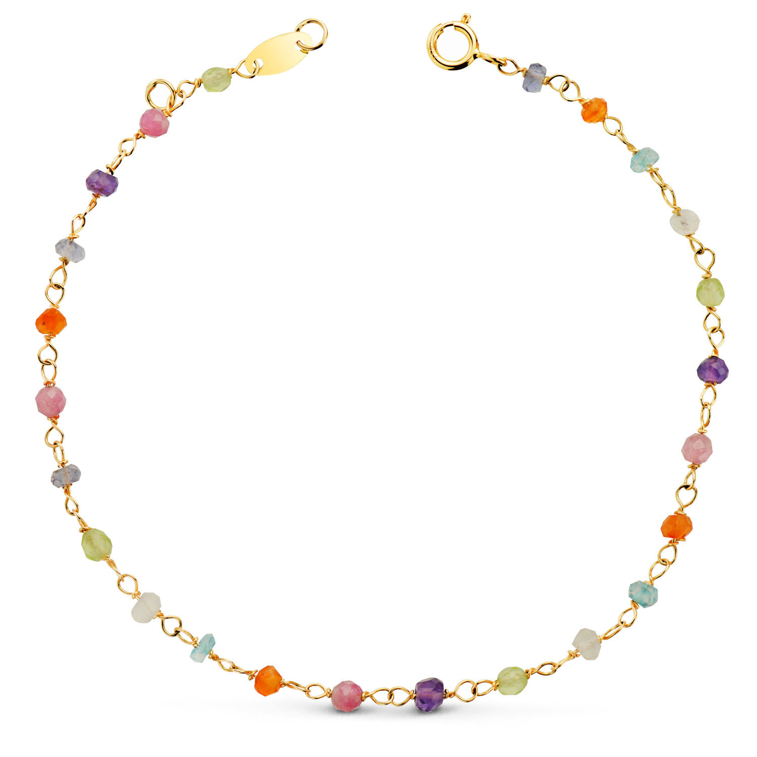 18k Pulsera Oro Amarillo Bolas Colores 3mm. Largo: 18.5 Cm
