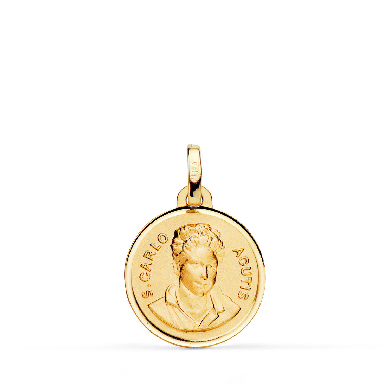 Medalla de oro amarillo 18K San Carlo Acutis bisel, 16 mm
