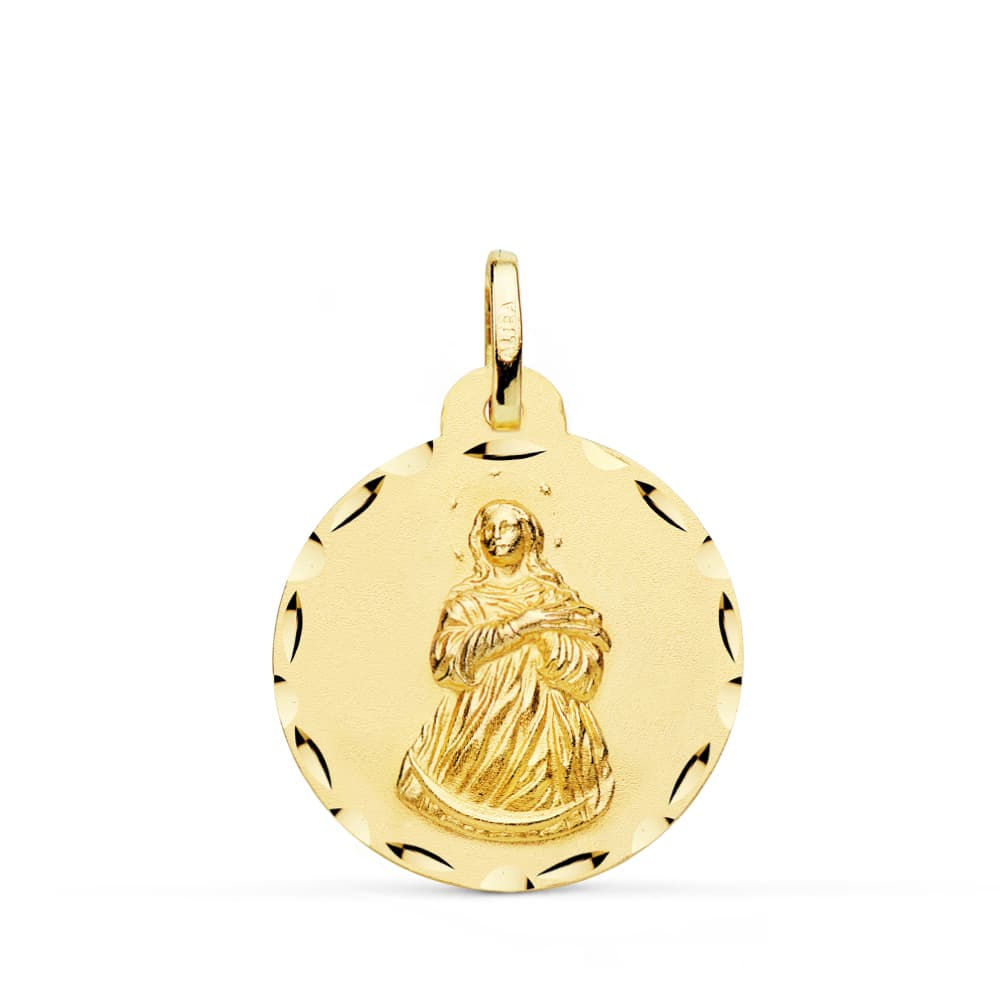 18k Medalla Oro Amarillo Virgen Inmaculada Tallada 22 Mm