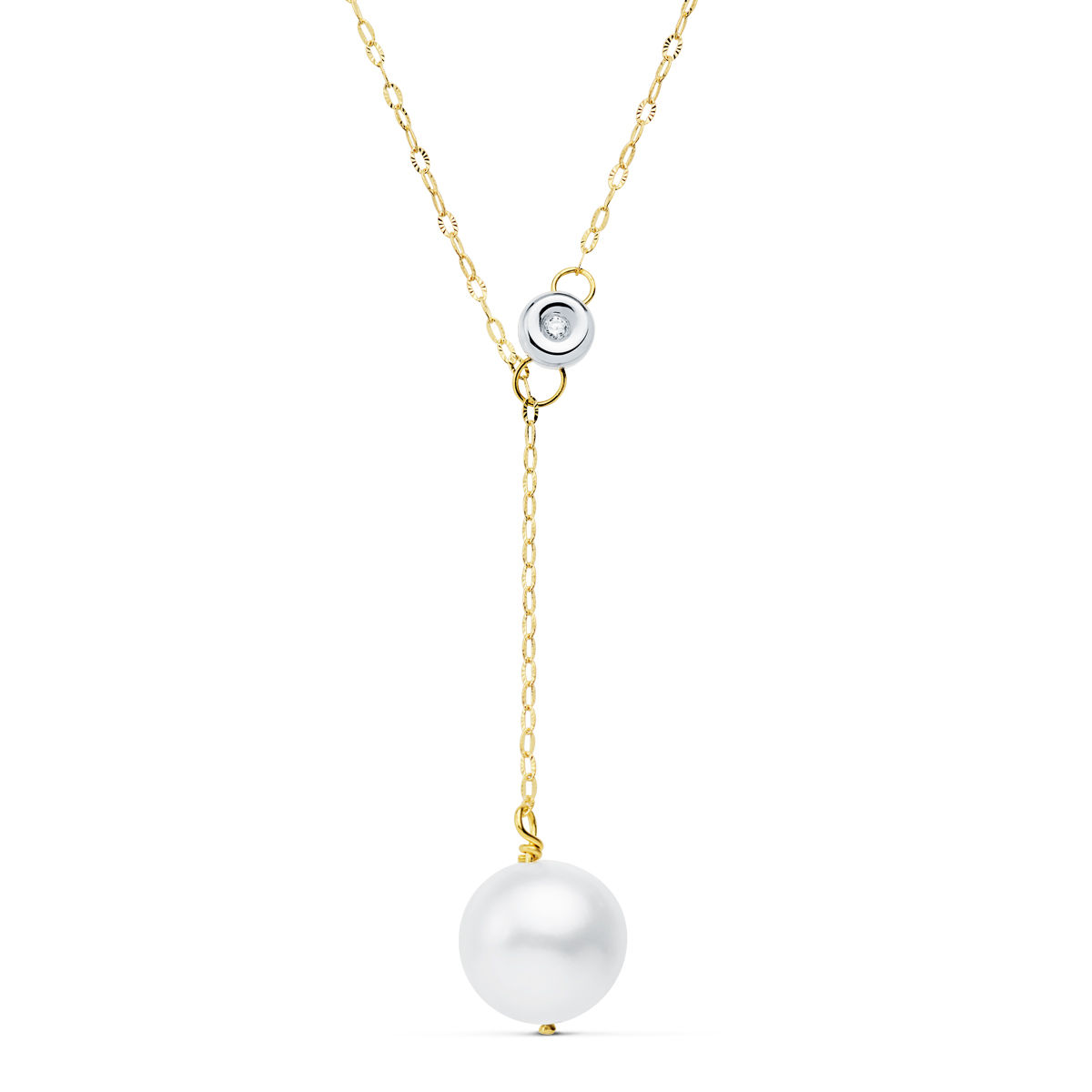 Collar de oro bicolor 18K cadena chatón con diamante y perla
