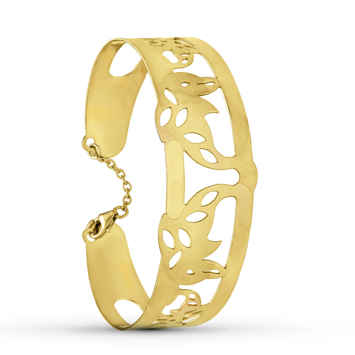 Pulsera de oro amarillo 18K rígida delfines láser interior cadena