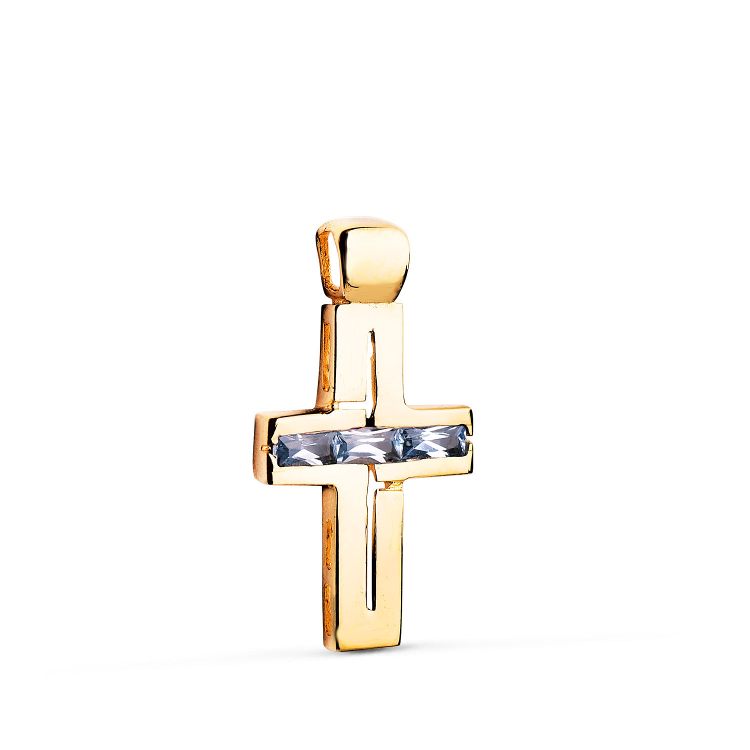 Cruz de oro amarillo 18K baguette con circonita y aguamarina, 25x13 mm