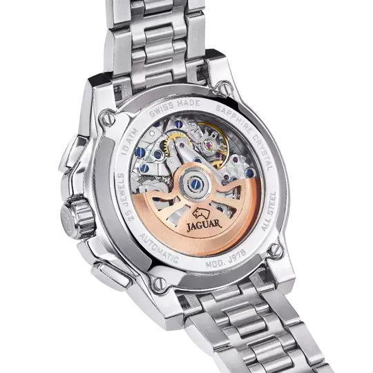 Miniatura: Vista trasera del reloj Jaguar Le Chronographe J978/1, destacando el mecanismo automático suizo de 25 rubíes y cristal de za