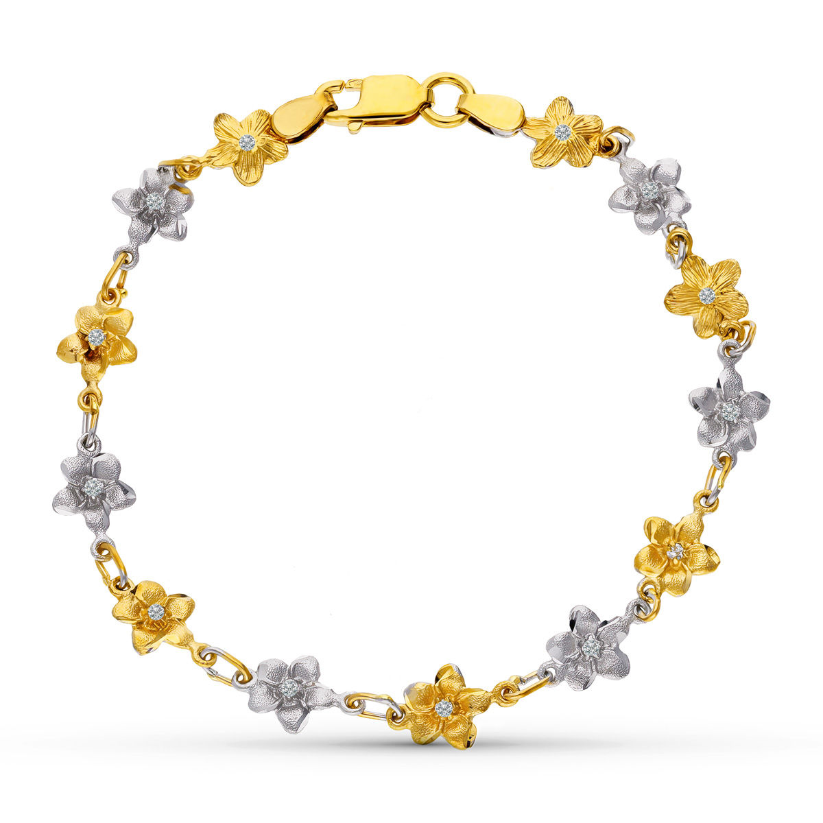 Pulsera de oro bicolor 18K flores, 18,5 cm · 5,85 g