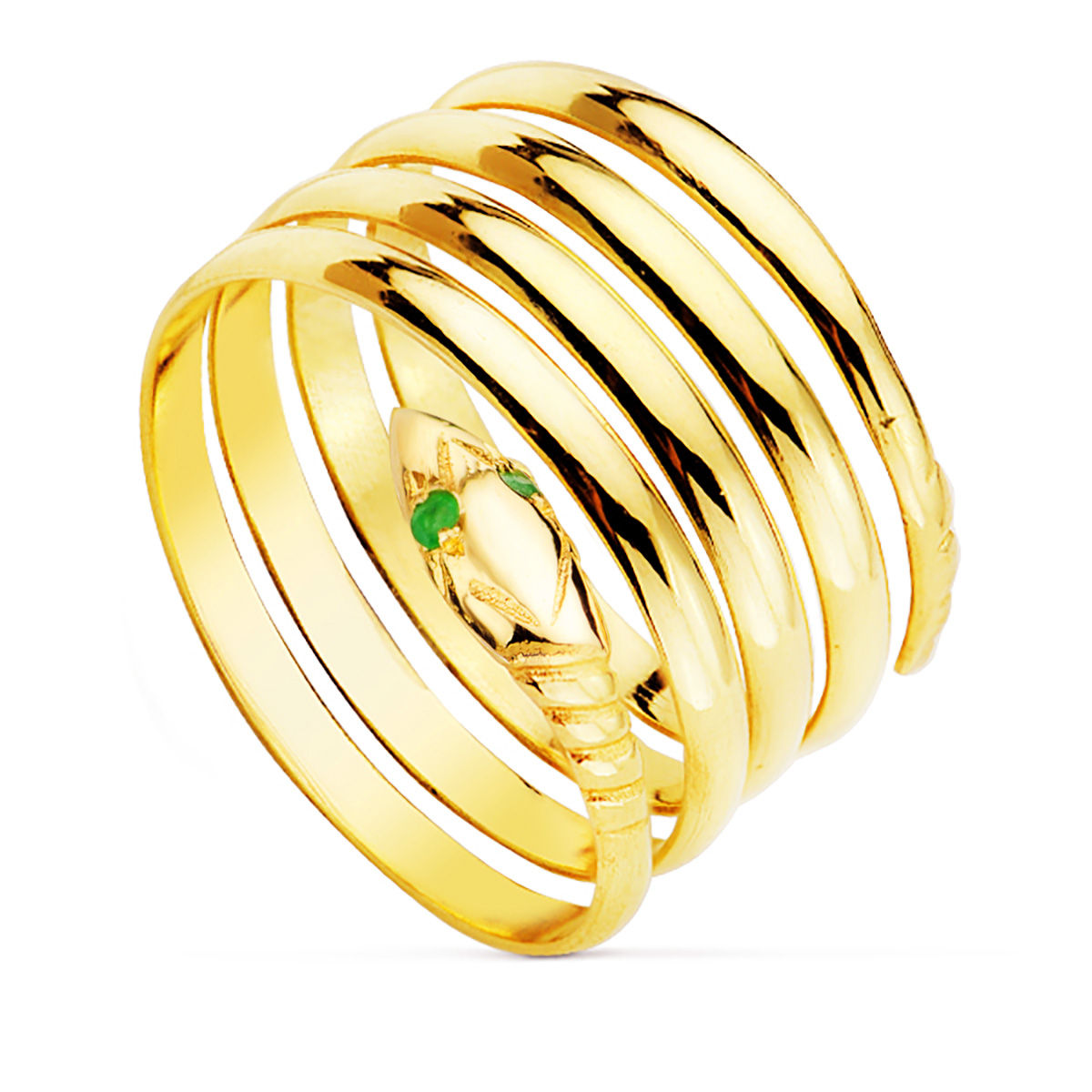 Sortija de oro amarillo 18k diseño de serpiente con 4 vueltas y ojos decorados con esmeraldas. Pieza llamativa con estilo aud