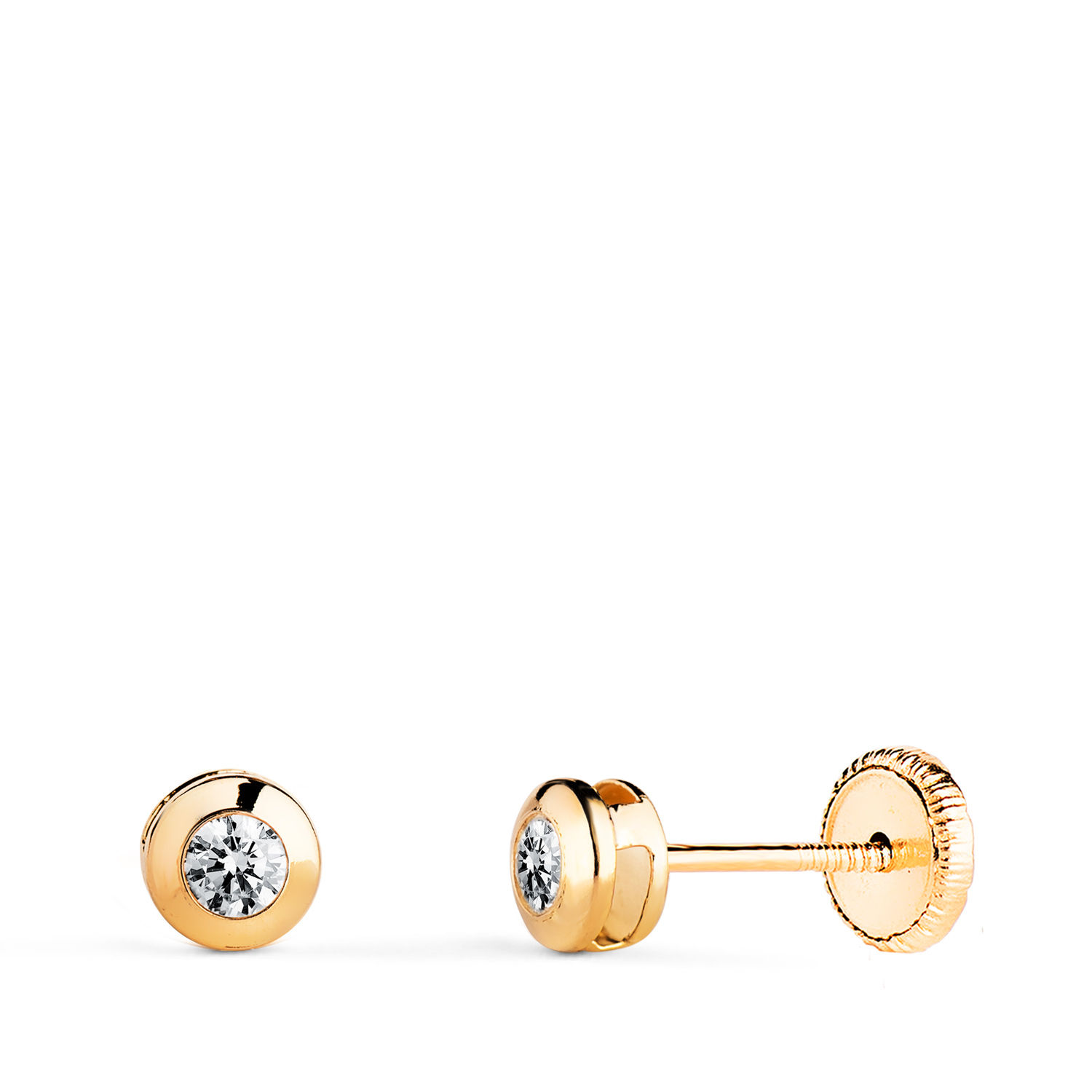 Pendientes de oro amarillo 18K chatón galeria con circonita, 4 mm