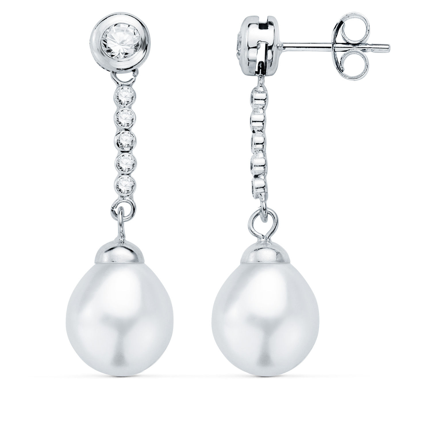 Pendientes largos de oro blanco 18K con perlas colgantes, diseño de chatón superior y detalles de circonitas, cierre a presió