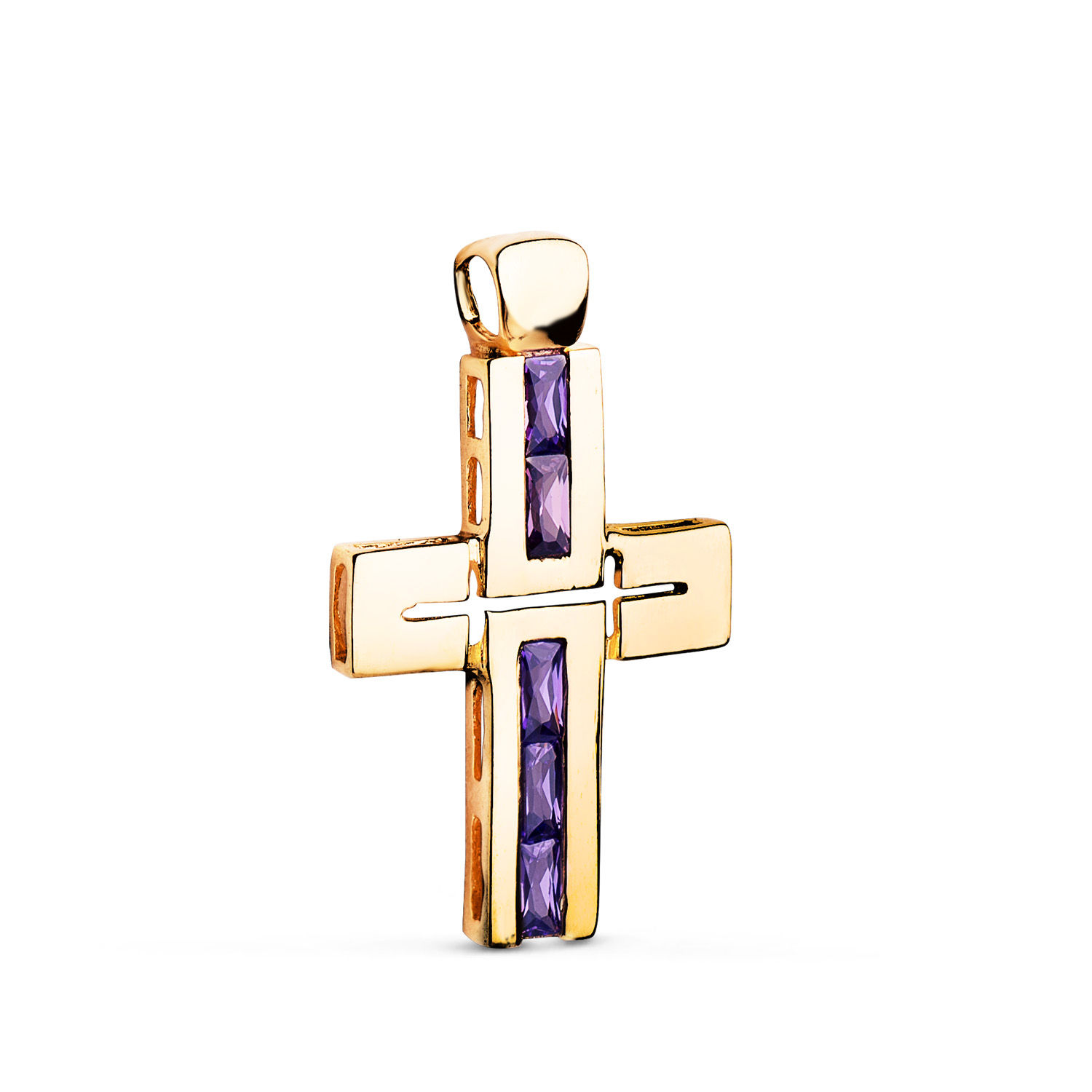 Cruz de oro amarillo 18K baguette con circonita y amatista, 29x18 mm