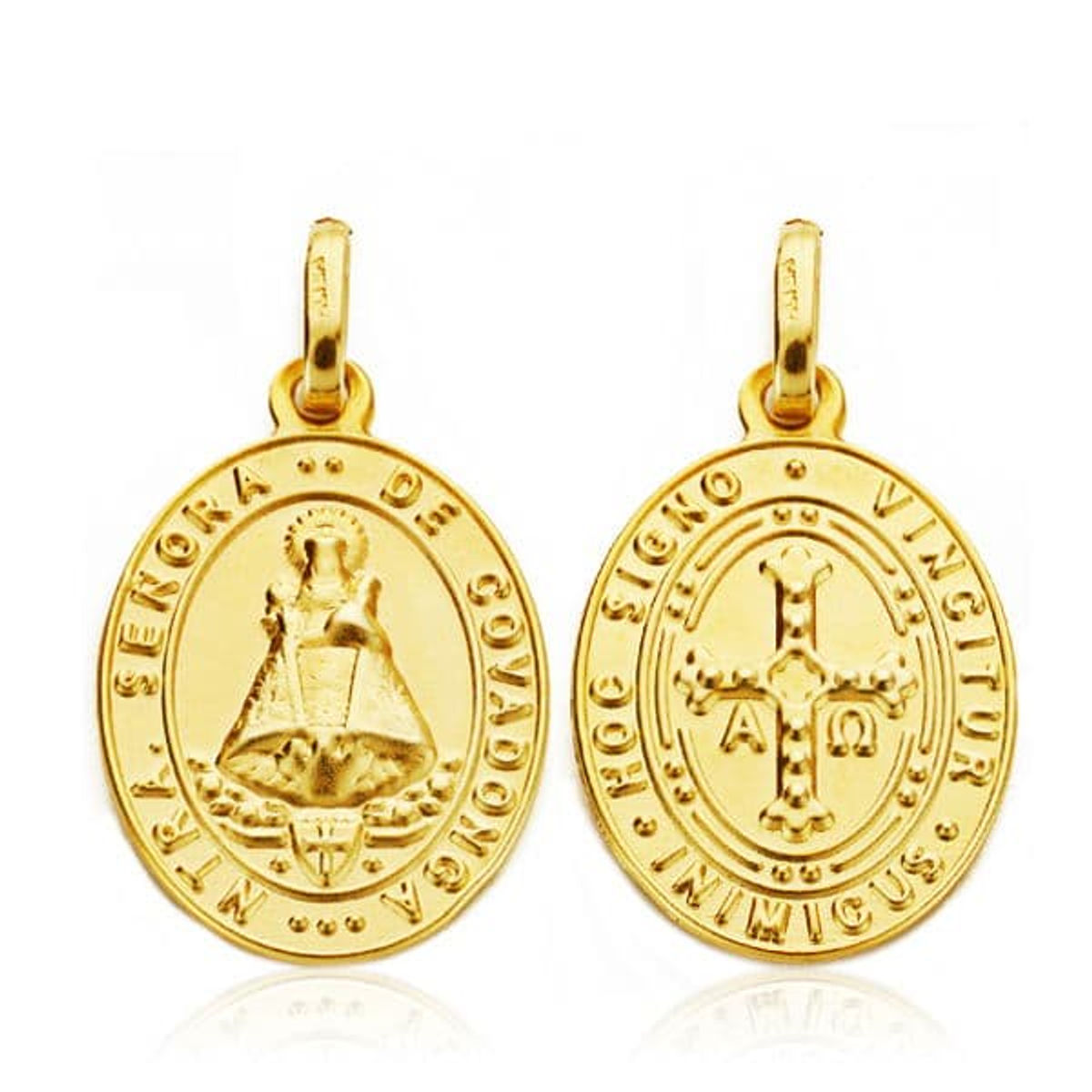 Medalla de oro amarillo 18K Virgen Covadonga escapulario cruz victoria