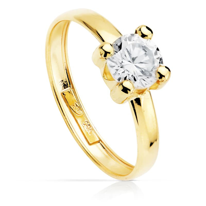 Solitario de oro amarillo 18K garras con circonita, 6x6 mm