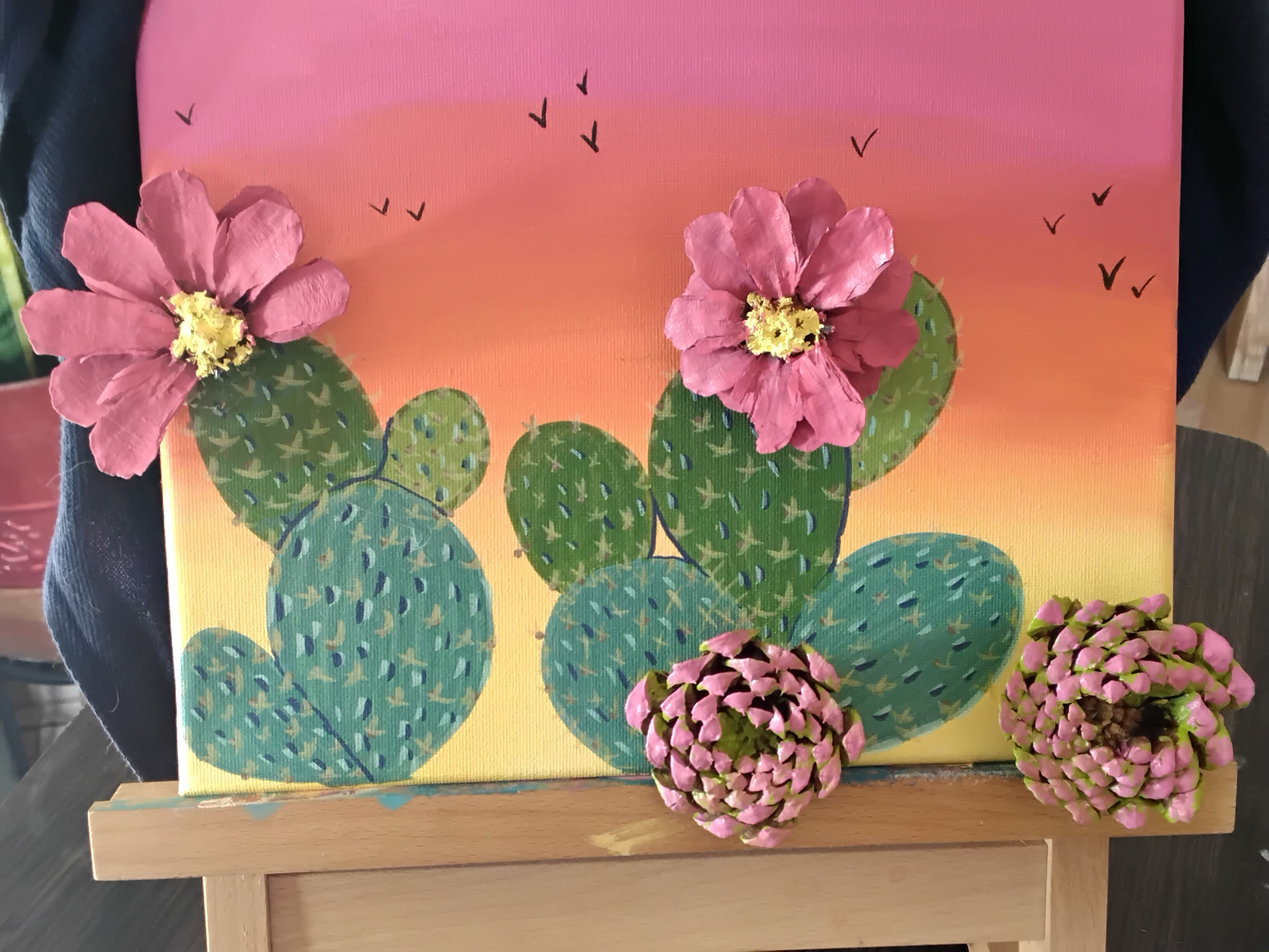 Pinecone Art: Prickly Pear - Pink Flowers