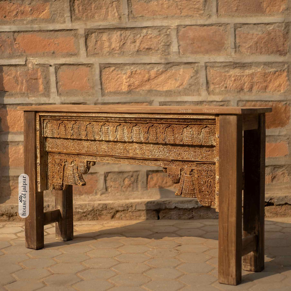 תמונה ממוזערת: Hand-carved solid wood console table made from reclaimed 80–90 year old haveli wood, featuring intricate traditional Indian
