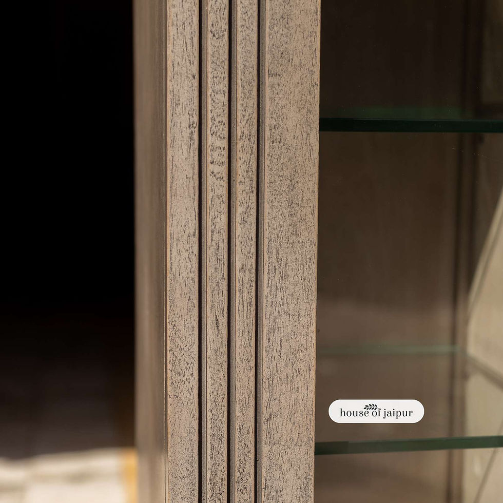 תמונה ממוזערת: Distressed grey Linea Collection display cabinet with glass doors and drawers by House of Jaipur.