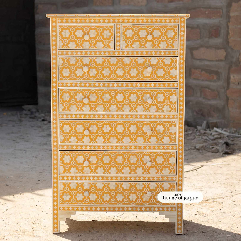 תמונה ממוזערת: honeycomb floral bone inlay jaipur tallboy dresser in yellow finish, tallest artisan chest named Jaipur Kaitlin Dresser