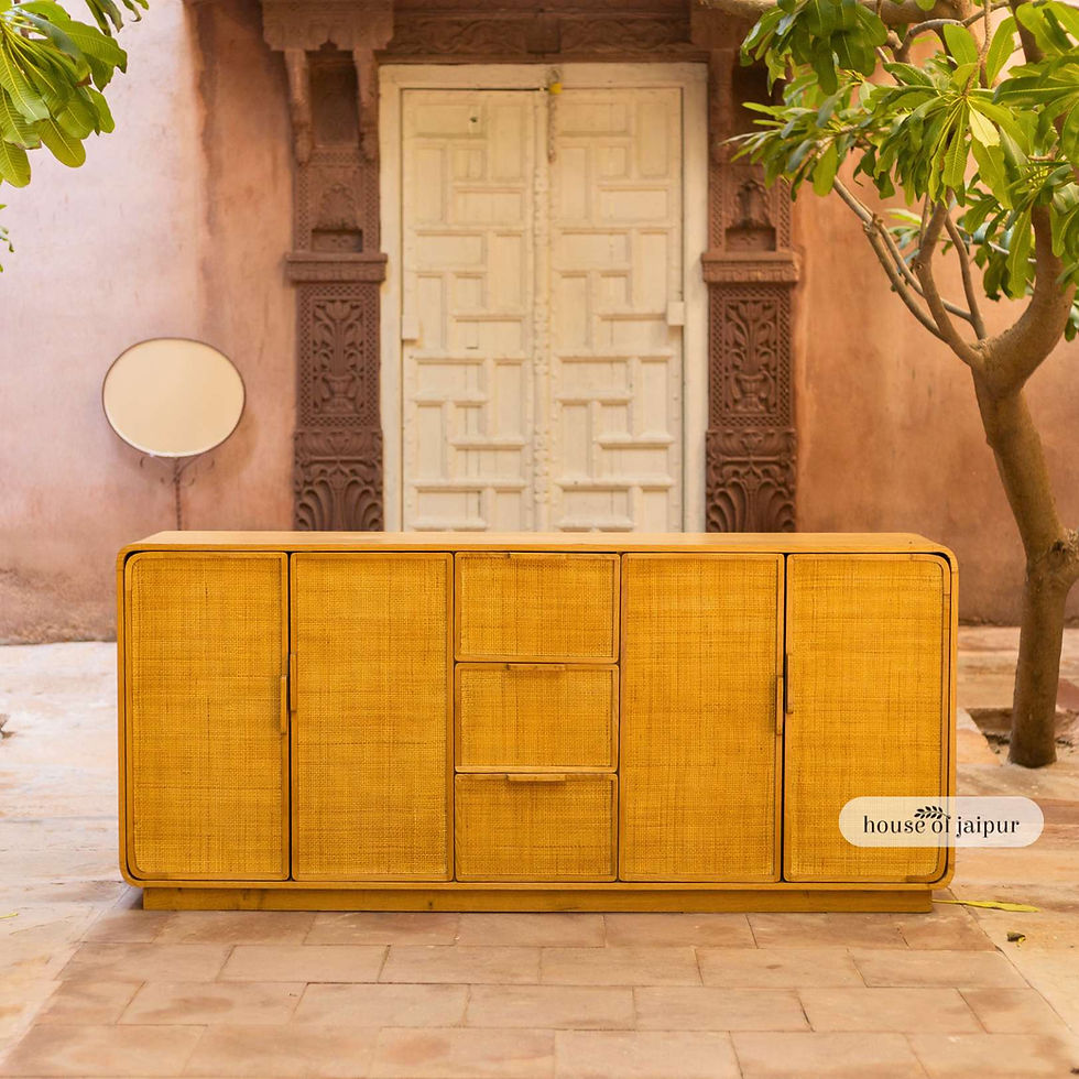 Thumbnail: Handcrafted cane weave buffet sideboard with drawers and cabinets by House of Jaipur, made from solid wood.