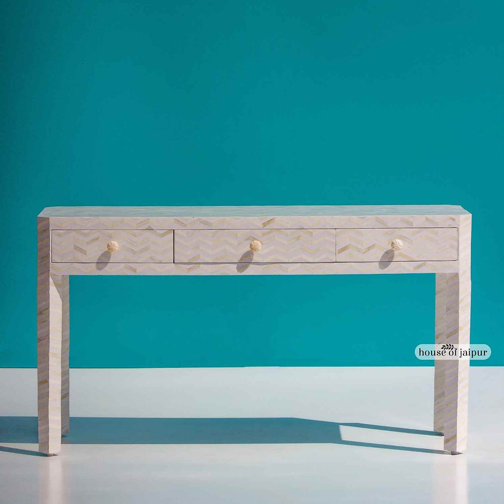 Chevron bone inlay console table with three drawers in a soft neutral zig-zag pattern, handcrafted by House of Jaipur.