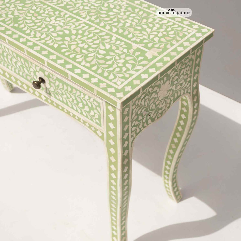 Mint green French Provincial bone inlay console table with floral pattern and cabriole legs, handcrafted with two drawers