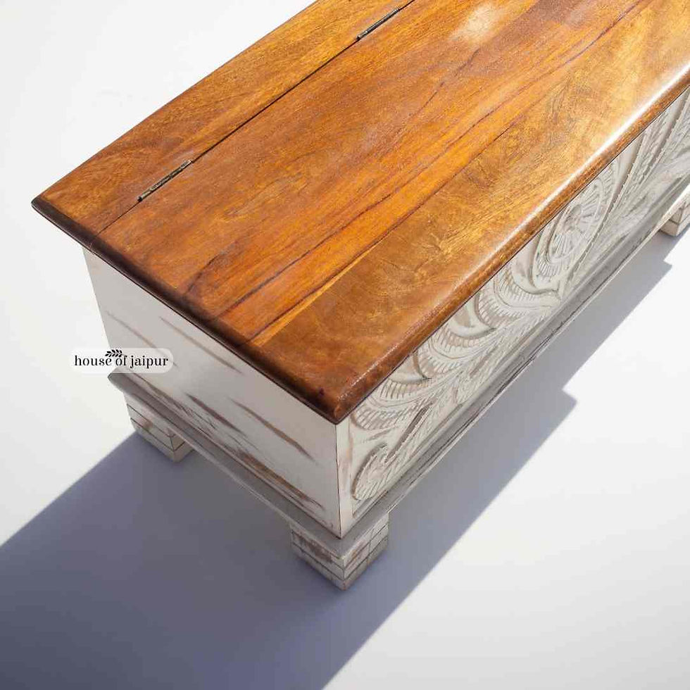 Hand-carved jaipur distressed white wooden storage trunk with natural wood top, floral carving, chest used as coffee table
