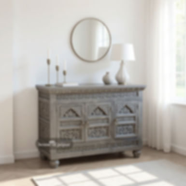 Hand-Carved Wooden Sideboard with Floral Motifs – Antique Grey Finish Storage Cabinet